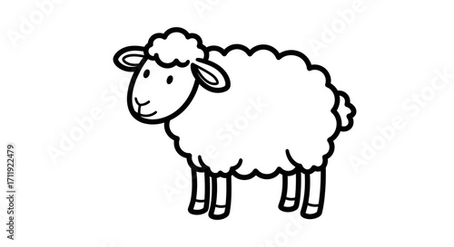 A cartoon-style illustration of a sheep standing, depicted in black and white with a fluffy coat.