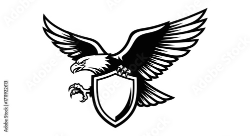 A stylized black and white graphic of a soaring eagle holding a shield.