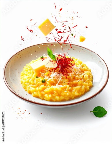 Swirling rice with saffron threads, parmesan and butter above risotto dish, isolated on white background