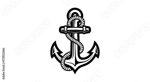A detailed black and white illustration of a classic anchor with a rope wrapped around it.