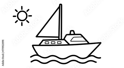 A simple line drawing of a sailboat on wavy water under a shining sun.