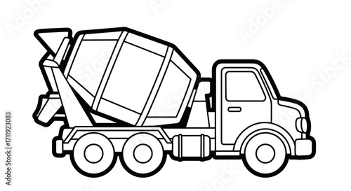 A black and white line drawing of a concrete mixer truck, side view.