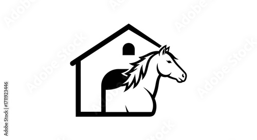 A horse stands in a stable, depicted in a minimalist, black and white graphic design.