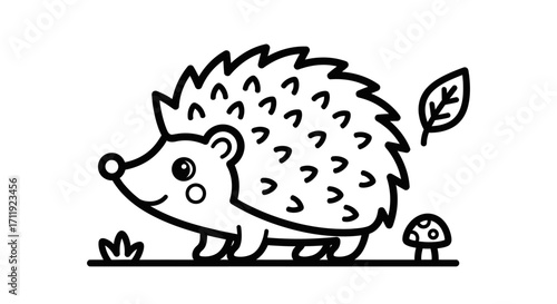 A simple line drawing of a hedgehog standing next to a mushroom and a leaf.