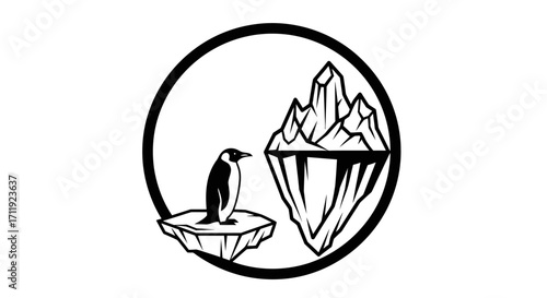 A solitary penguin stands on a small iceberg, gazing at a larger iceberg in a circular graphic design.
