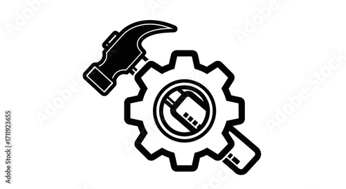 Hammer and gear symbolizing maintenance, repair, or industrial construction.