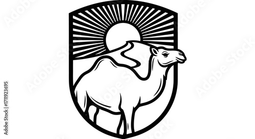 A stylized camel silhouette stands within a sunburst-emblazoned shield, evoking desert landscapes.