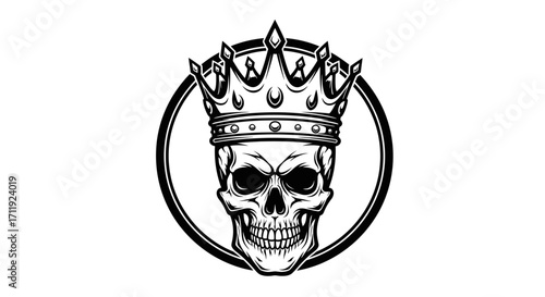 Skull wearing a crown inside a circle, depicted in a monochrome, detailed illustration.