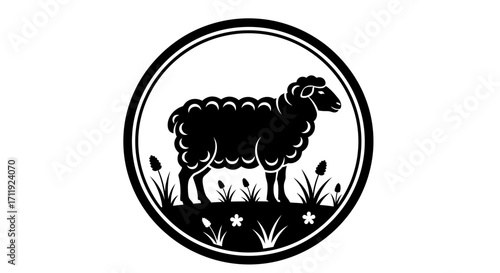 A black and white illustration of a sheep standing in grass, encircled by a thick border.