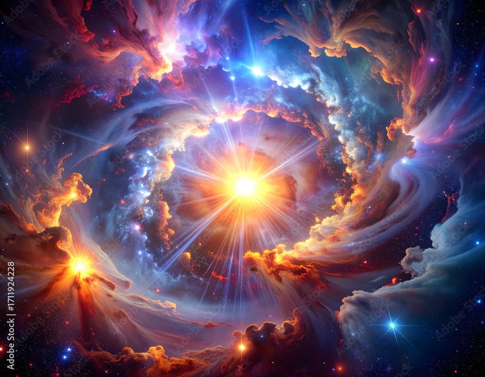 Obraz premium Colorful Cosmic Nebula With Bright Energy Swirls and Abstract Particles