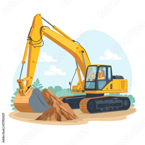 Large yellow excavator digging in dirt outside. Suitable for construction, industrial, and machinerythemed designs, websites, and publications in need of excavation equipment visuals.
