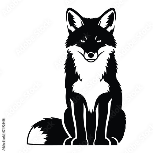 Detailed black and white fox sitting portrait with bushy tail for wildlife art silhouette