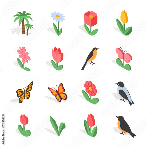 Isometric Nature Icons - Flowers, Butterflies, Birds, and Palm Trees.