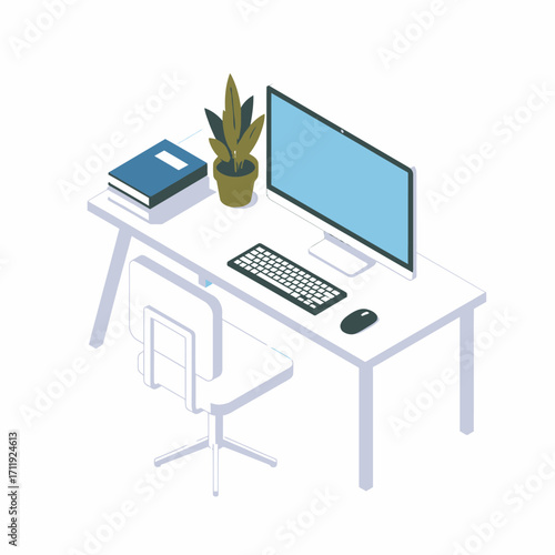 Isometric Workspace Setup with Computer, Keyboard, Mouse, Plant, Book, and Chair.