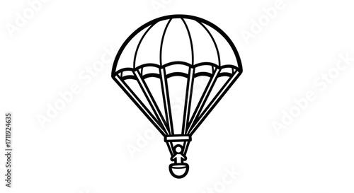 Line art illustration of a person descending with a parachute, isolated on a white background.