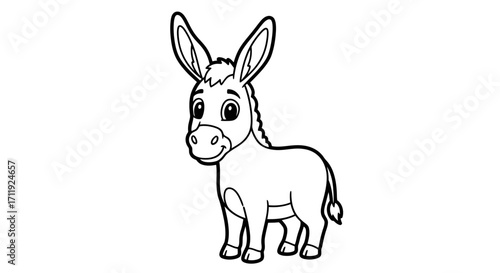 A cartoon illustration of a donkey standing, depicted in black and white outline style.