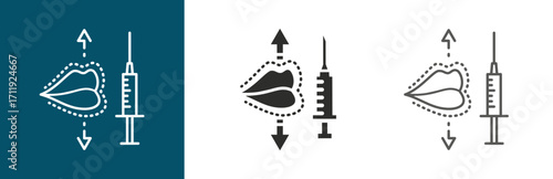 flat and linear set icons, lip augmentation procedure icon, lips simple symbols on white and black background - editable stroke vector illustration