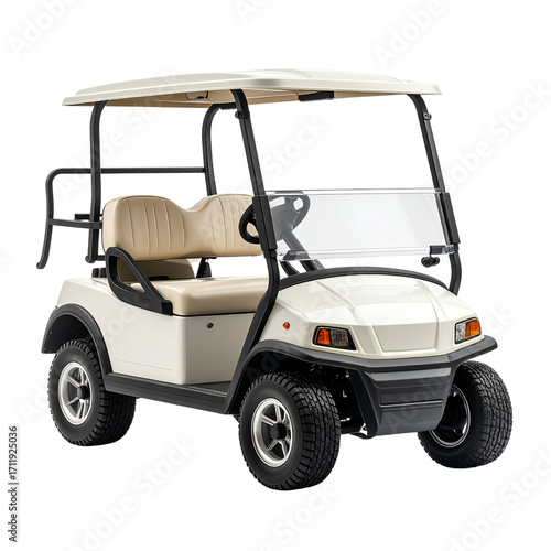 A white golf cart with a canopy roof and seating for two on a transparent background