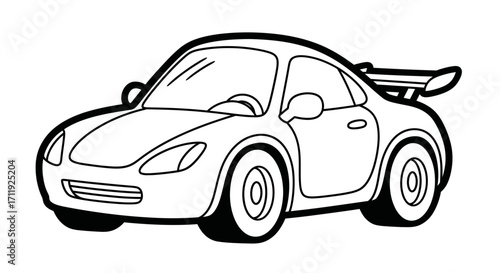 A cartoon-style sports car with a spoiler is outlined in black against a white background.