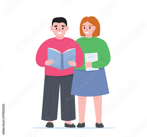 A boy and a girl reading a book together. Schoolchildren gain knowledge. Vector flat graphics.