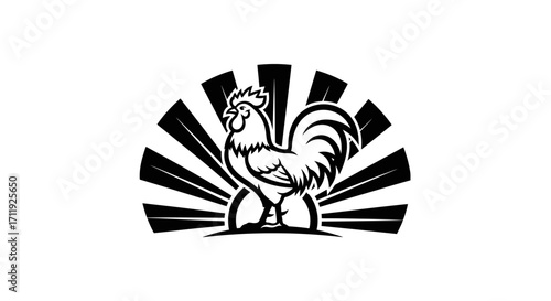 Black and white illustration of a rooster standing tall with radiating lines behind it.