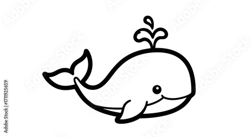 Cartoon illustration of a cute, smiling whale spouting water, outlined in black on a white background.