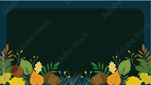 Autumn leaves and harvest border background with chestnuts and seasonal foliage framing a dark green center space for text and letters, festive vector template.
