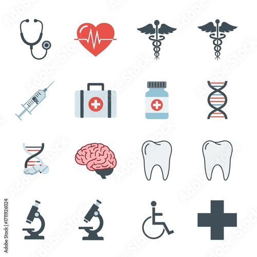 Medical Icons Set - Stethoscope, Heart, Syringe, Pills, Brain, Teeth, Microscope.