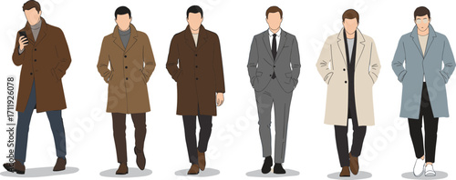 Stylized Male Long Coat Fashion – Winter Outerwear, Casual to Formal Looks, Modern Menswear, Trendy Wardrobe, Vector Illustration Art