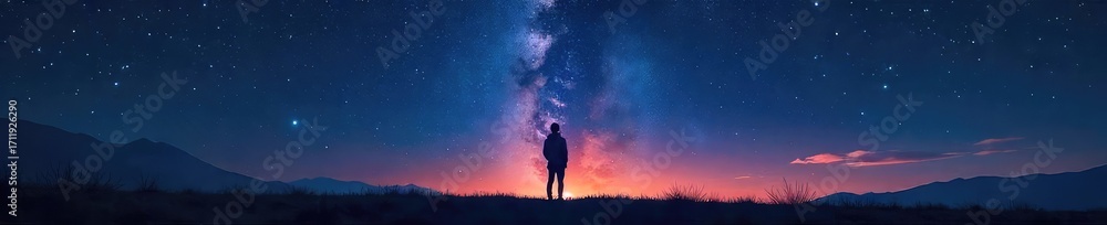 Naklejka premium A solitary figure silhouetted against a vast, star-filled night sky, conveying a sense of peaceful introspection and spiritual connection despite isolation , disconnect, spiritual awakening, wonder