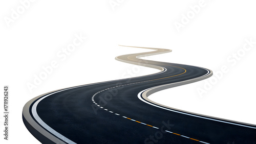 Winding asphalt road with lane markings and shoulders isolated on transparent background