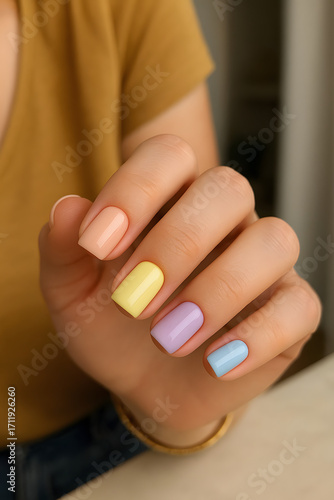 Wallpaper Mural A Symphony of Hues: A close-up of a hand adorned with a spectrum of pastel nail polish colors, revealing an elegant and fashionable manicure. Torontodigital.ca