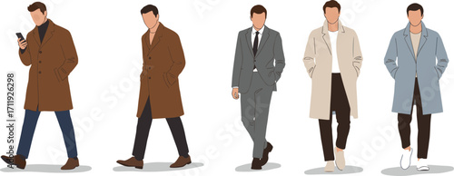 Stylized Male Outerwear Fashion – Walking Pose, Modern Menswear, Casual to Formal Looks, Seasonal Wardrobe Variety, Trendy Vector Illustration Art