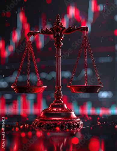 Justice scales, balanced on a red background with financial charts