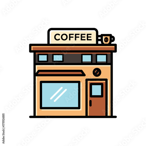Cartoon illustration of a coffee shop building with a sign and a coffee cup on the roof.