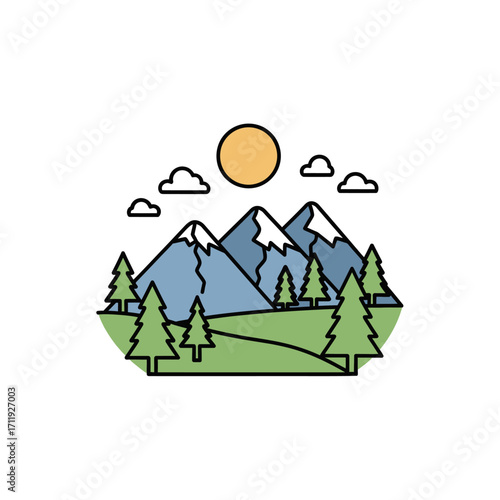 Mountain Landscape with Trees, Sun, and Clouds Illustration.