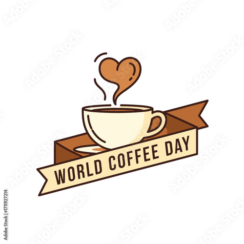 Illustration of a coffee cup with heart-shaped steam, sitting on a banner that reads "World Coffee Day".