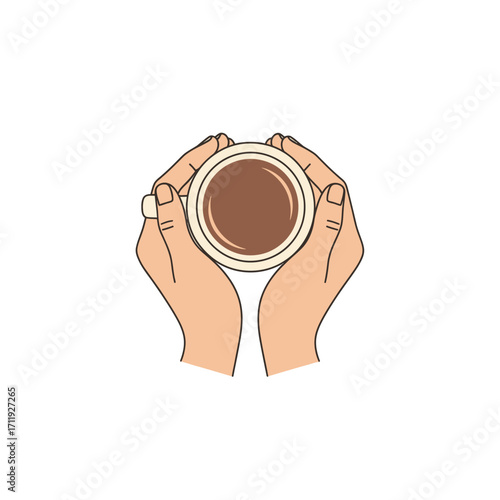 Two hands gently hold a cup of coffee, viewed from above, against a white background.