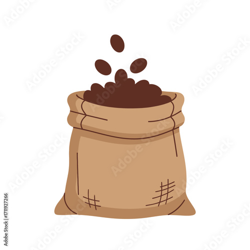 Brown burlap sack filled with coffee beans, some beans scattering upward.