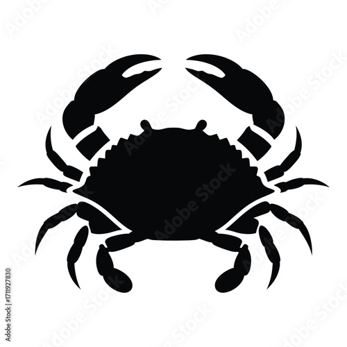 Bold black silhouette of a crab animal with claws up for seafood and ocean themes silhouette