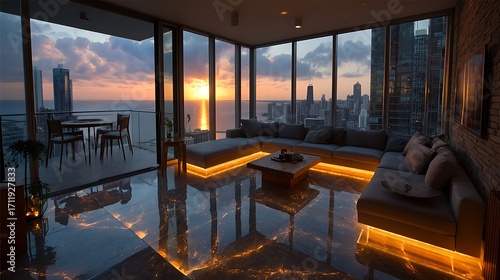 Wallpaper Mural A luxurious modern apartment living room with panoramic city and ocean views at sunset, featuring an L-shaped sofa with ambient lighting and a reflective floor. Torontodigital.ca