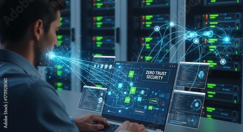 Professional man working on laptop with encrypted data security system, VPN connections and zero trust architecture for cyber protection in business environment.