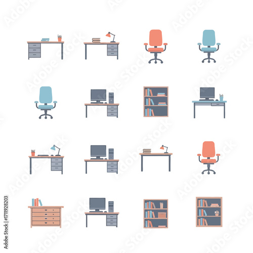 Office Furniture Set - Desks, Chairs, Bookshelves, and Computer Workstations.