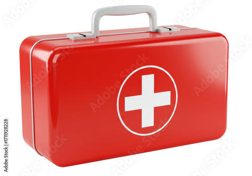 Isolated red first aid kit with cross symbol, emergency medical equipment, medicine box