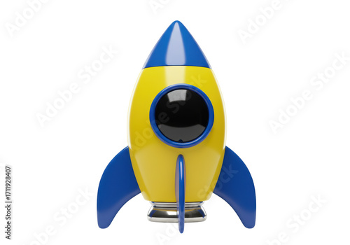 Fototapeta Naklejka Na Ścianę i Meble -  Isolated 3D rocket ship with blue and yellow design, symbolizing speed and innovation