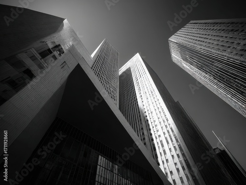 A black and white photo of tall buildings