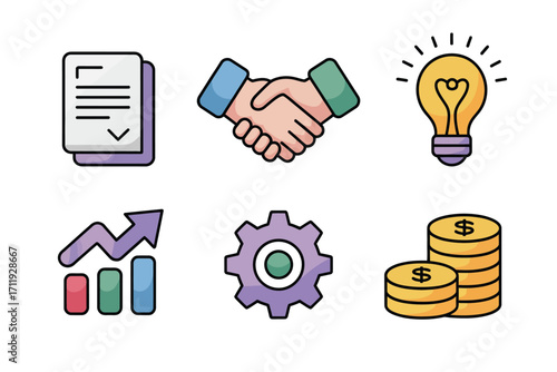 Business and finance icons set with agreement handshake idea growth gear and money