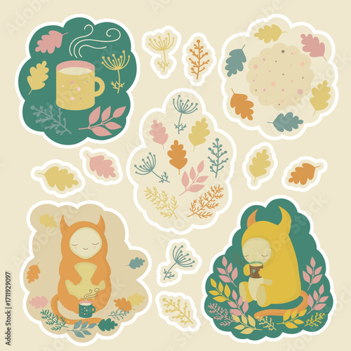 Stickers with funny, cute monsters, mugs of hot tea, chocolate, or cocoa, and cookies. Cozy autumn picnic, outdoor rest during tea time. Childish illustrations.