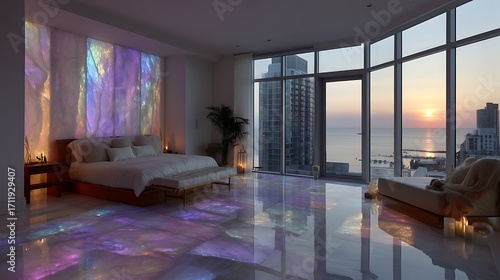 Wallpaper Mural Luxurious modern bedroom with colorful lighting, city skyline, and lake view at sunset. Torontodigital.ca