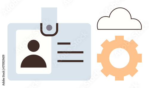 ID badge with photo and details next to cloud storage and gear icon. Ideal for identity management, technological systems, workflow, organization, networking, innovation, digital tools. A simple flat